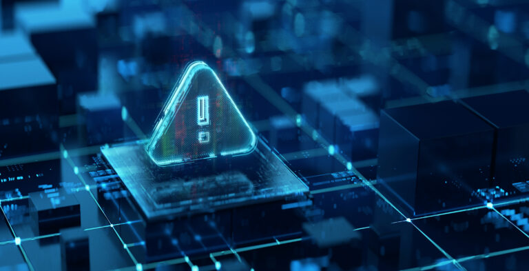 Warning sign on a digital background. An exclamation mark in a triangle shape as an alert of a computer virus, malware, or a hacker's DDoS attack